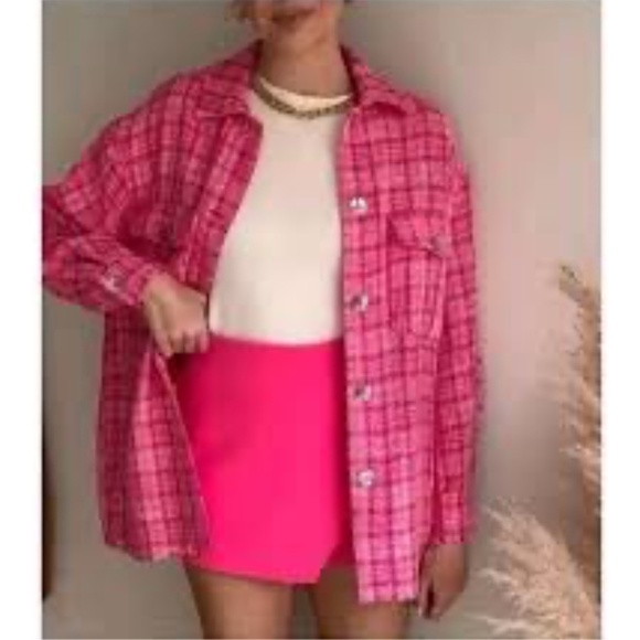 Zara Tweed Textured Woven Plaid Frayed Overshirt Shacket Shirt Jacket Pink S - Picture 12 of 16